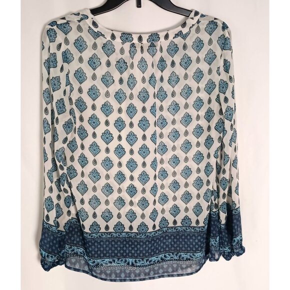 Rose + Olive Boho Tunic Blouse Blue Ivory Print Long Sleeve Top Size S - Picture 3 of 6